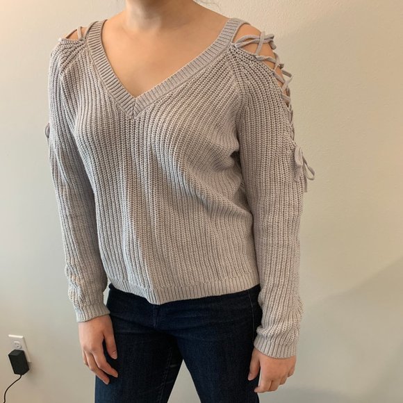 LA Hearts Grey Lace-Up Cold Shoulder Sweater - Picture 2 of 7